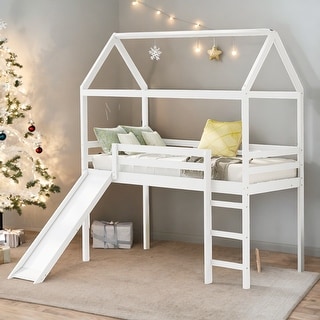 Twin Size House Loft Bed with Slide, Health and Comfort, White