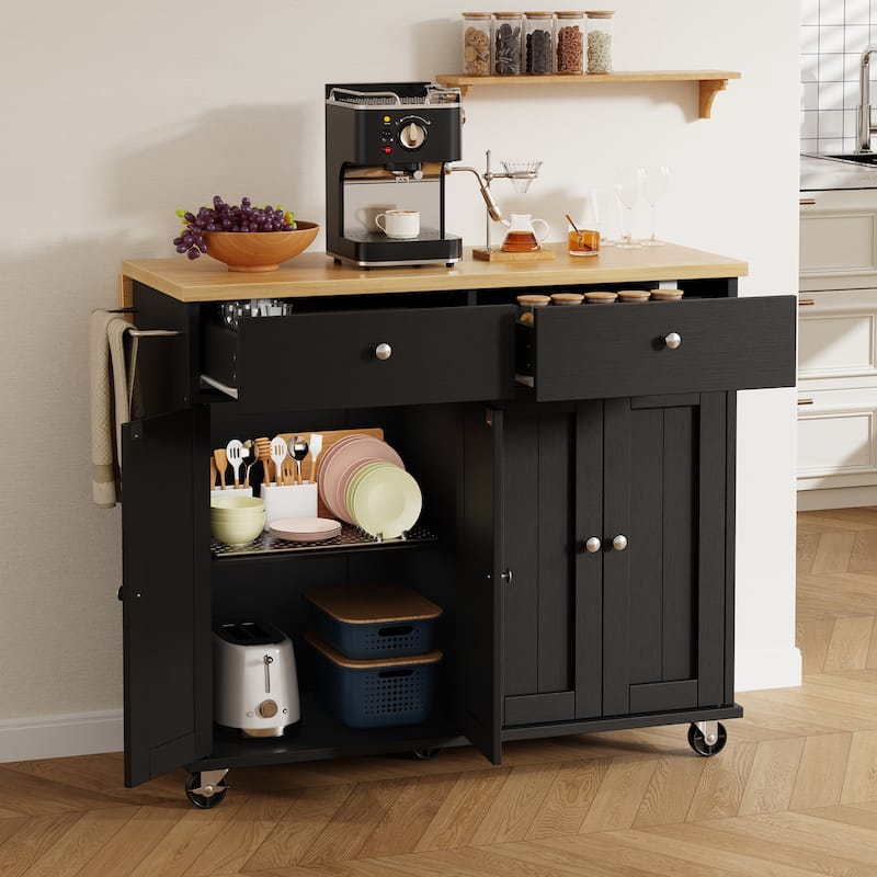 Kitchen Storage Island with 2 Drawers & Extendable Countertop - Rolling Storage Cart with Towel Rail, Lockable Wheels
