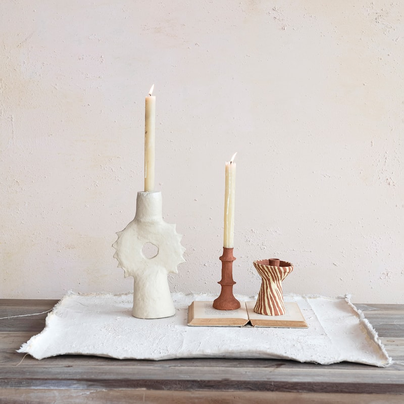 Handmade Paper Mache Spiked Taper Candle Holder - 7.5"L x 3.5"W x 12.0"H
