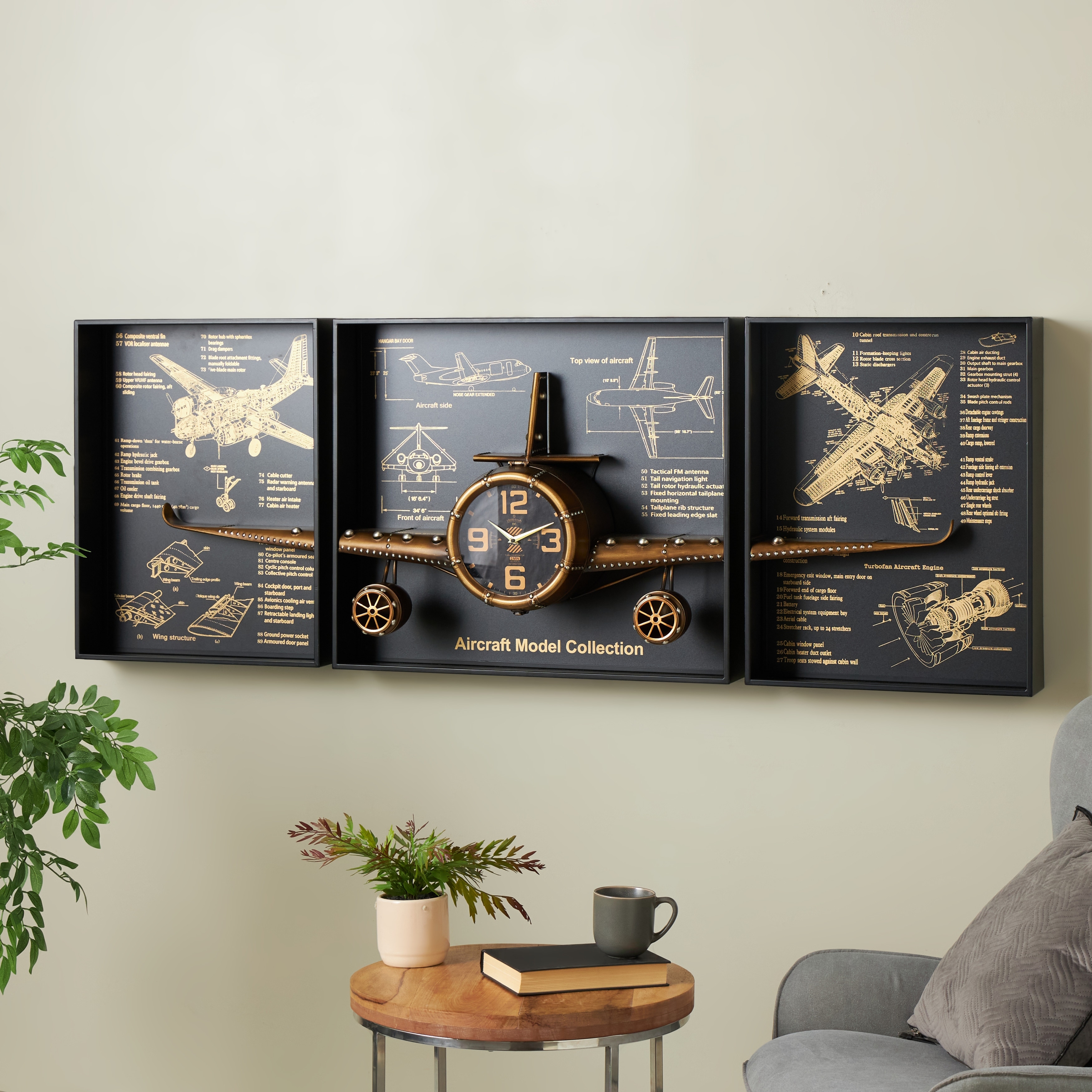 Copper Metal Airplane Decorative Wall Clock with Black Frame and Gold Illustrations (Set of 3) - 9"W x 29"L x 25"H