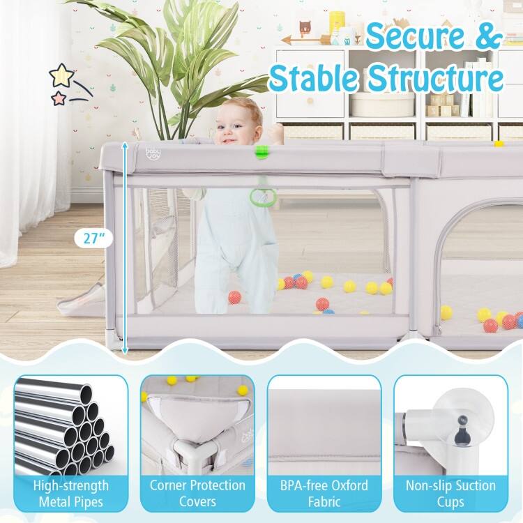 Light Grey Kids Play Yard with Soft Foam Base and 50 Ocean Balls Basketball Hoop and Soccer Nets - 81" x 57" x 27" (L x W x H)