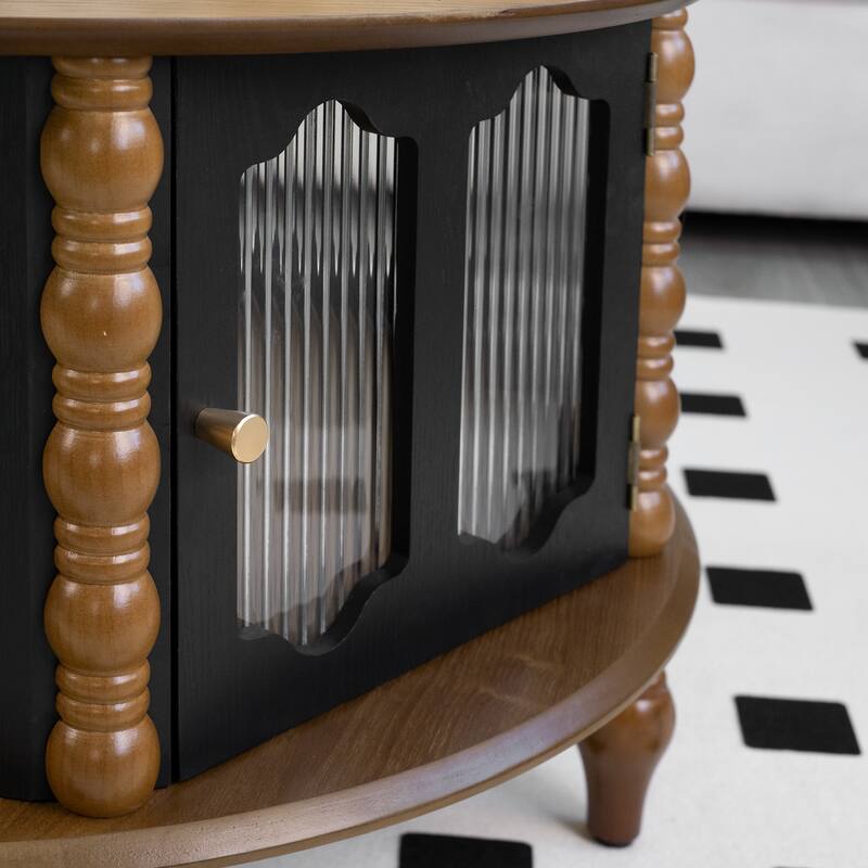 31.5" Black + Walnut Round Three-Door Storage Coffee Table, Real Wood Veneer for Small Spaces