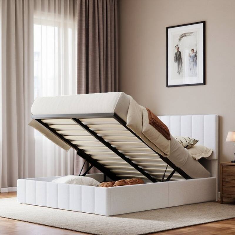 Queen Size Upholstered Platform Bed Frame with Hydraulic Lift Storage, Linen Fabric Headboard & Solid Wood Slat Support - Queen White - Queen