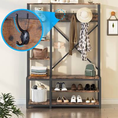 4-in-1 Entryway Hall Tree with Side Storage Shelves, Industrial Wooden Entryway Bench with Coat Rack