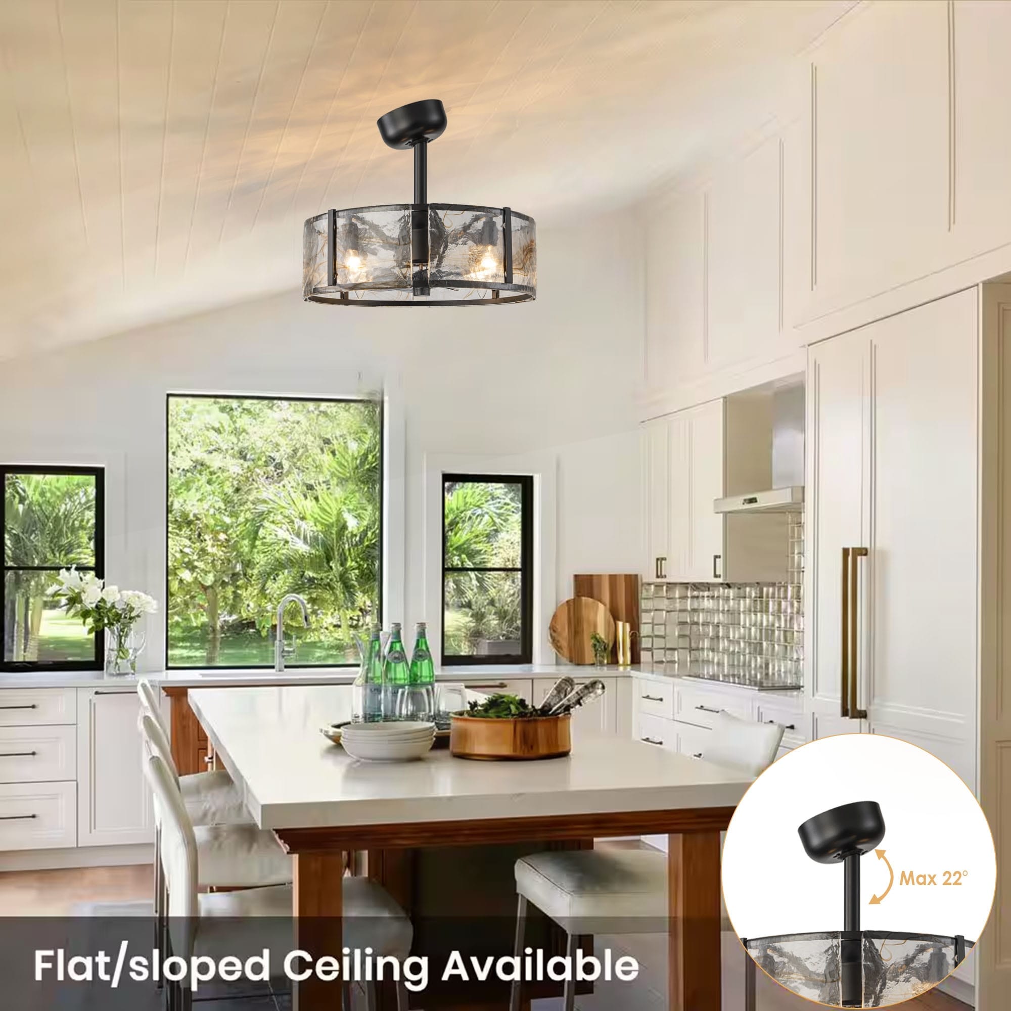 4 Light 18 in. Modern Black Drum Water Wave Glass Semi Flush Fandelier Caged Ceiling Fan with Remote Control On Sale Bed Bath Beyond 40542399