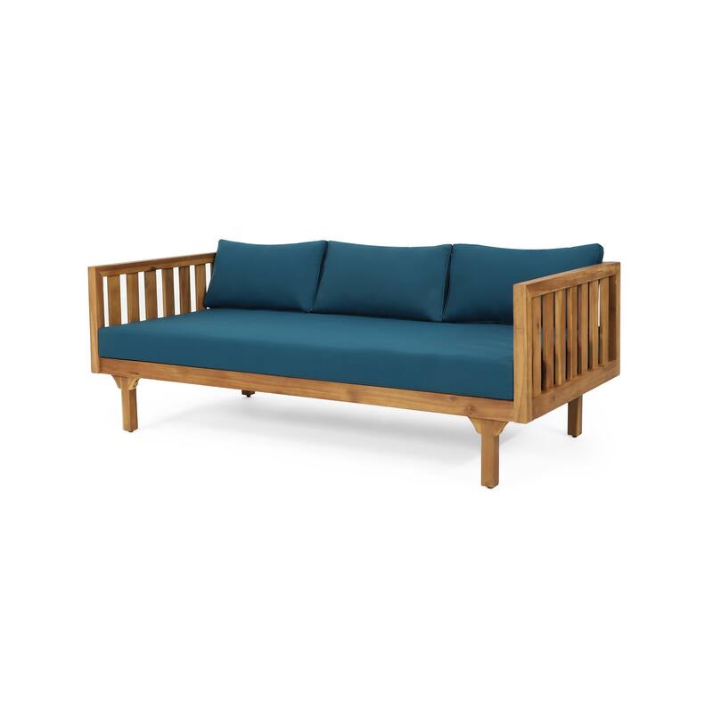 Clara Outdoor 3 Seater Daybed Sofa, Slatted Teak Wood, Blue Fabric