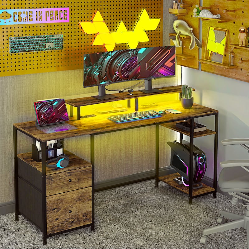 61" Computer Desk with LED Lights, Power Outlets, and USB Ports