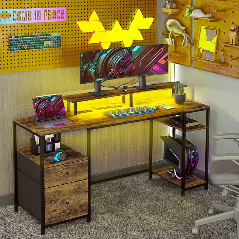 LED Gaming Desk with USB Ports & Power Outlets, Office Desk with Adjustable Foot Pads & Storage Shelves