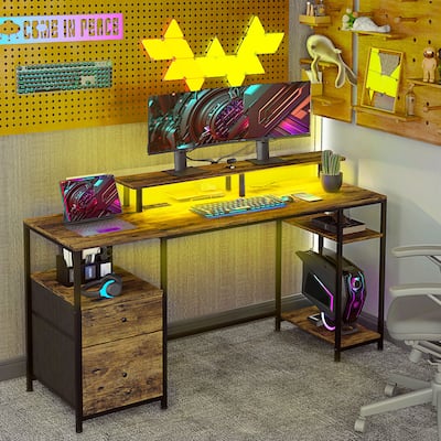 Modern Computer Gaming Desk with LED Lights and Power Outlets and Storage Shelves for Home Office or Bedroom