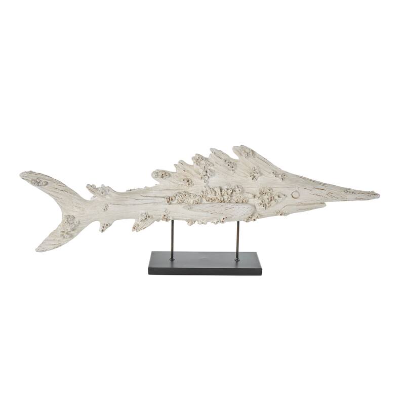 Cream Polystone Textured Fish Decorative Sculpture with Brown Distressing and Black Metal Stand