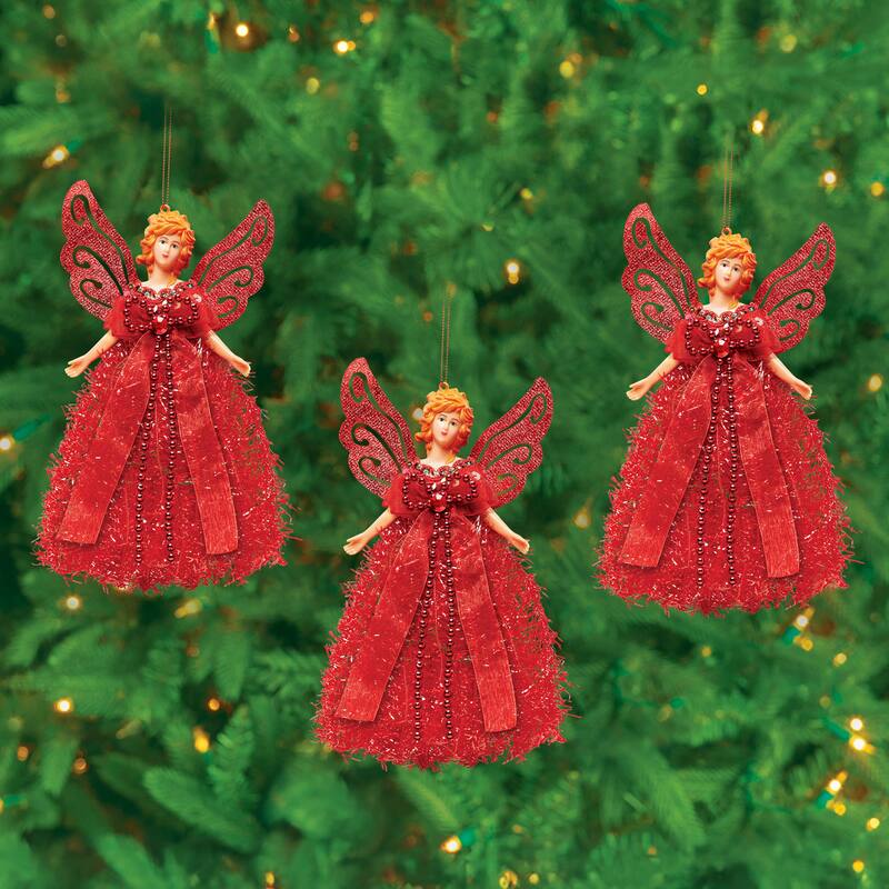 Festive Colorful Angel Christmas Ornaments - Set of 3 - 9.5 x 1.25 x 7 - Red