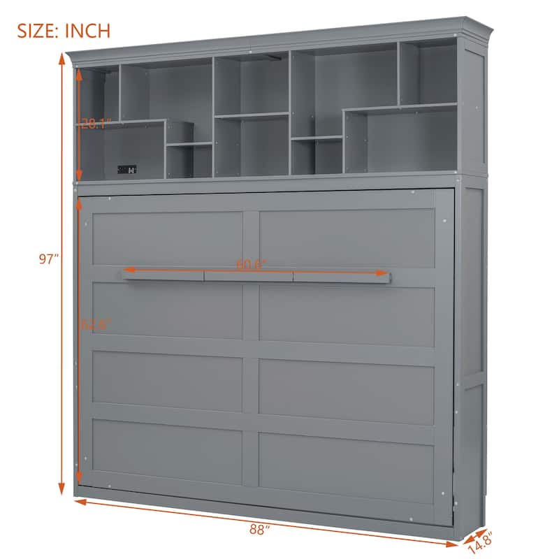 Queen Size Wood Murphy Bed with Top Shelves and USB Port