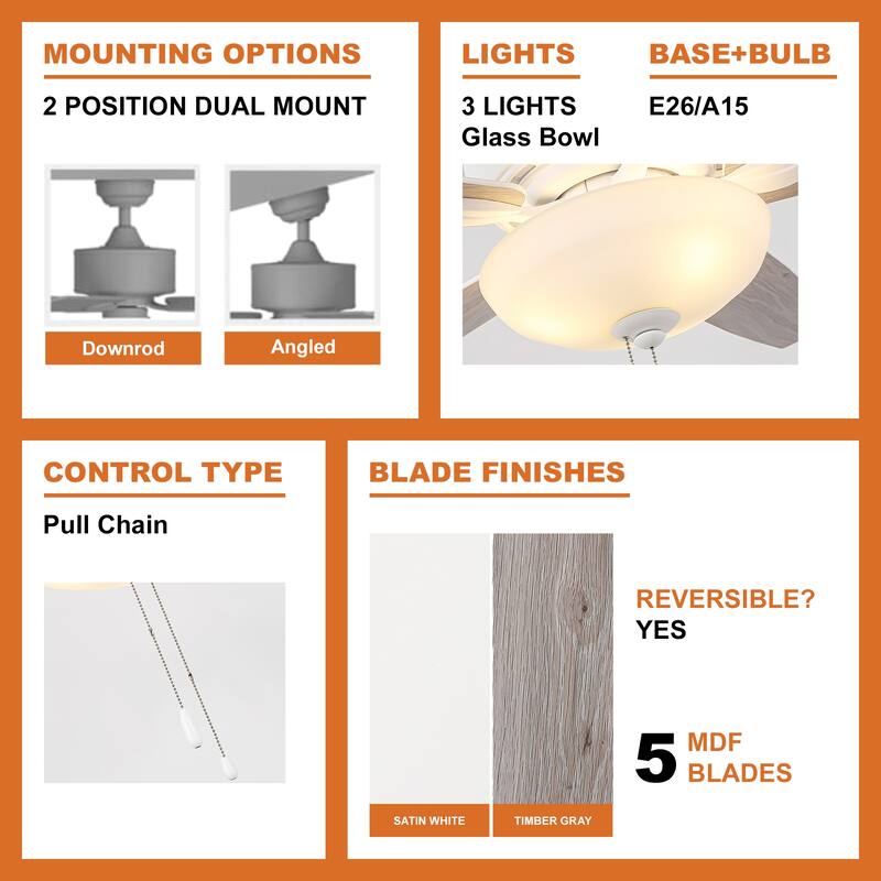 52" Coastal White Frosted Glass Ceiling Fan with Light and Pull Chain - Satin white