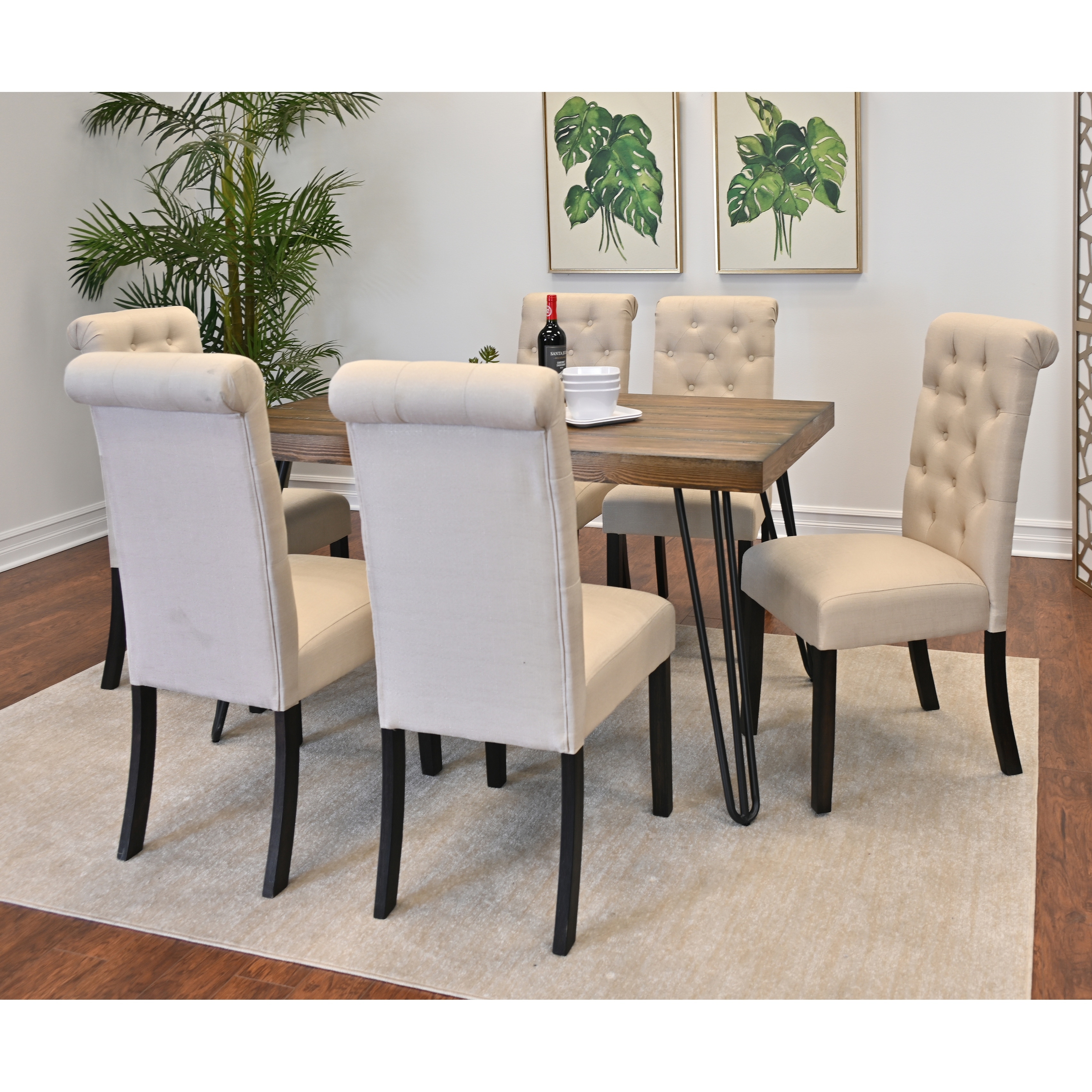 Kitchen Table with Metal Hairpin Legs, Stylish Table and Chair Set, Beige Upholstered Back Dining Chairs with Wood Legs
