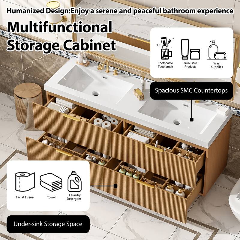59.3" Double Sink Bathroom Vanity with SMC Top, Soft-Close Drawers & Wall-Mounted Cabinet