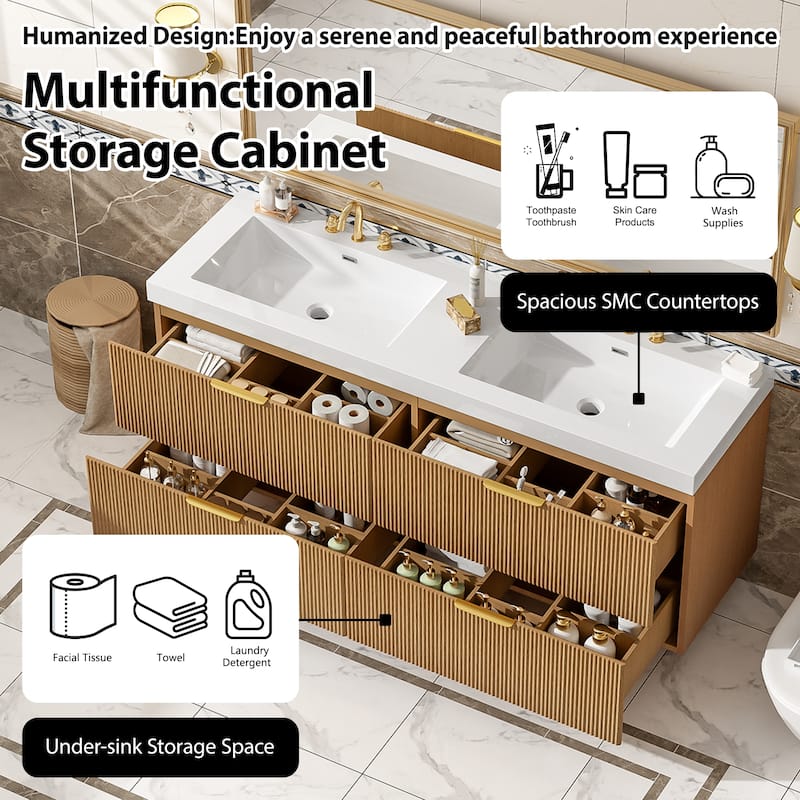 GDFStudio - Stratford Modern Wall Mounted Double Sink Bathroom Vanity with SMC Countertop, Soft Close Drawers & Storage - 19.8"