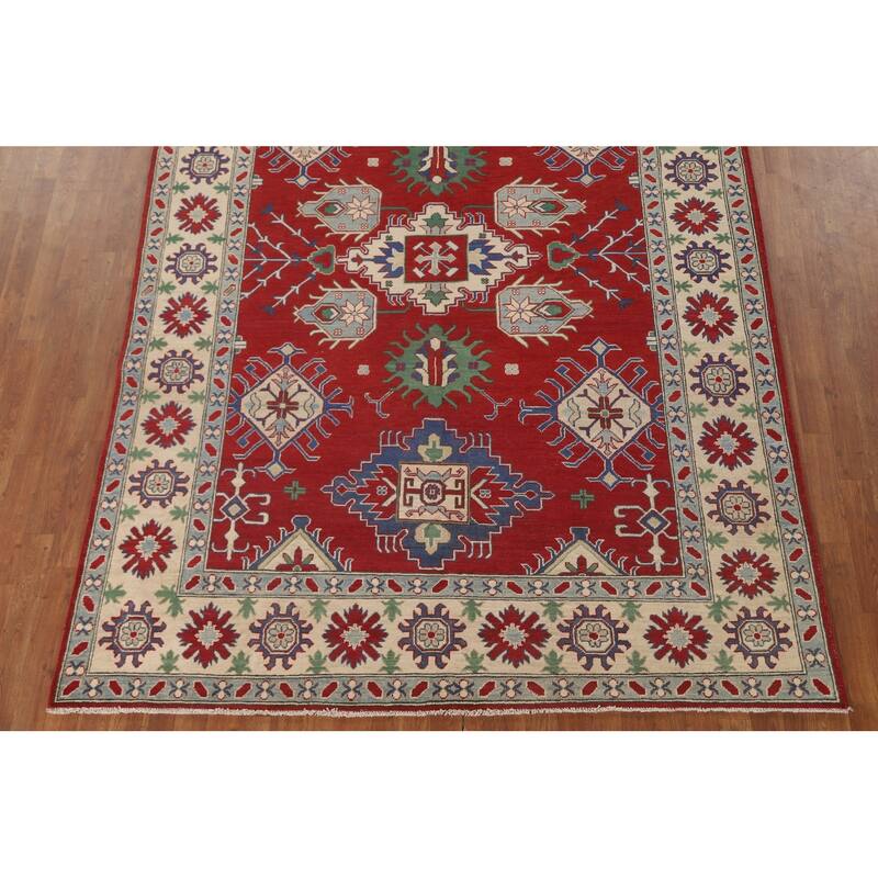Red Geometric Kazak Area Rug Hand-Knotted Wool Carpet - 6'9" x 9'8"