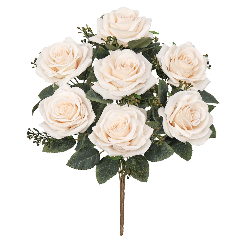 Set of 2 Champagne Artificial Queen Tea Rose Flower Stem Bush Bouquet 17in - 17" L x 9" W x 9" DP