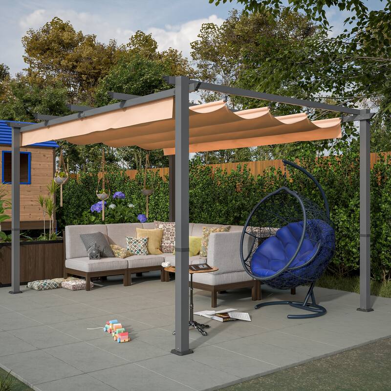 GDFStudio - Isabella Outdoor Aluminum Pergola with Retractable Canopy Shelter - khaki - 10' x 13'