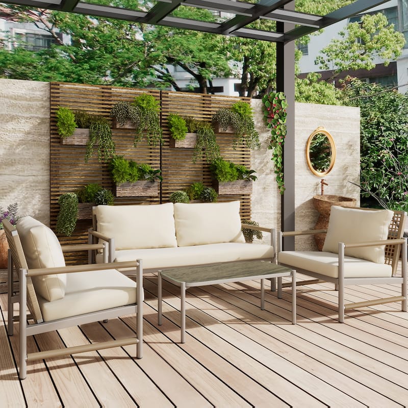 4 Pieces Patio Furniture Set, PE Rattan Wicker 4 Pcs Outdoor Sofa Set w/Washable Cushion