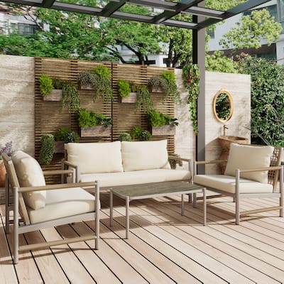 4 Pieces Patio Furniture Set, PE Rattan Wicker 4 Pcs Outdoor Sofa Set w/Washable Cushion
