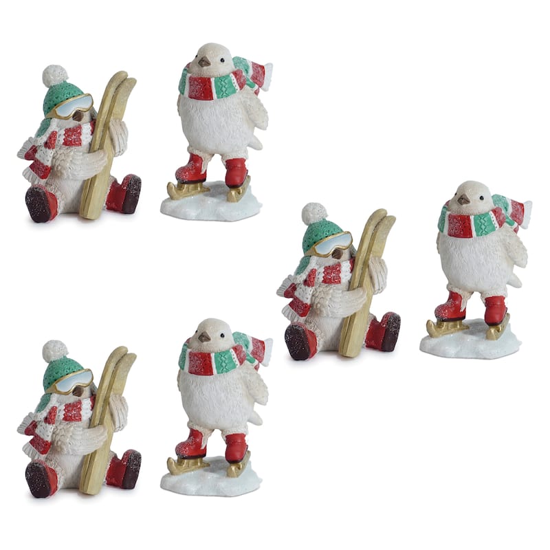 Bird w/Skis & Skates (Set of 6) 5.25"H Resin - White, Blue, Red - White, Blue, Red
