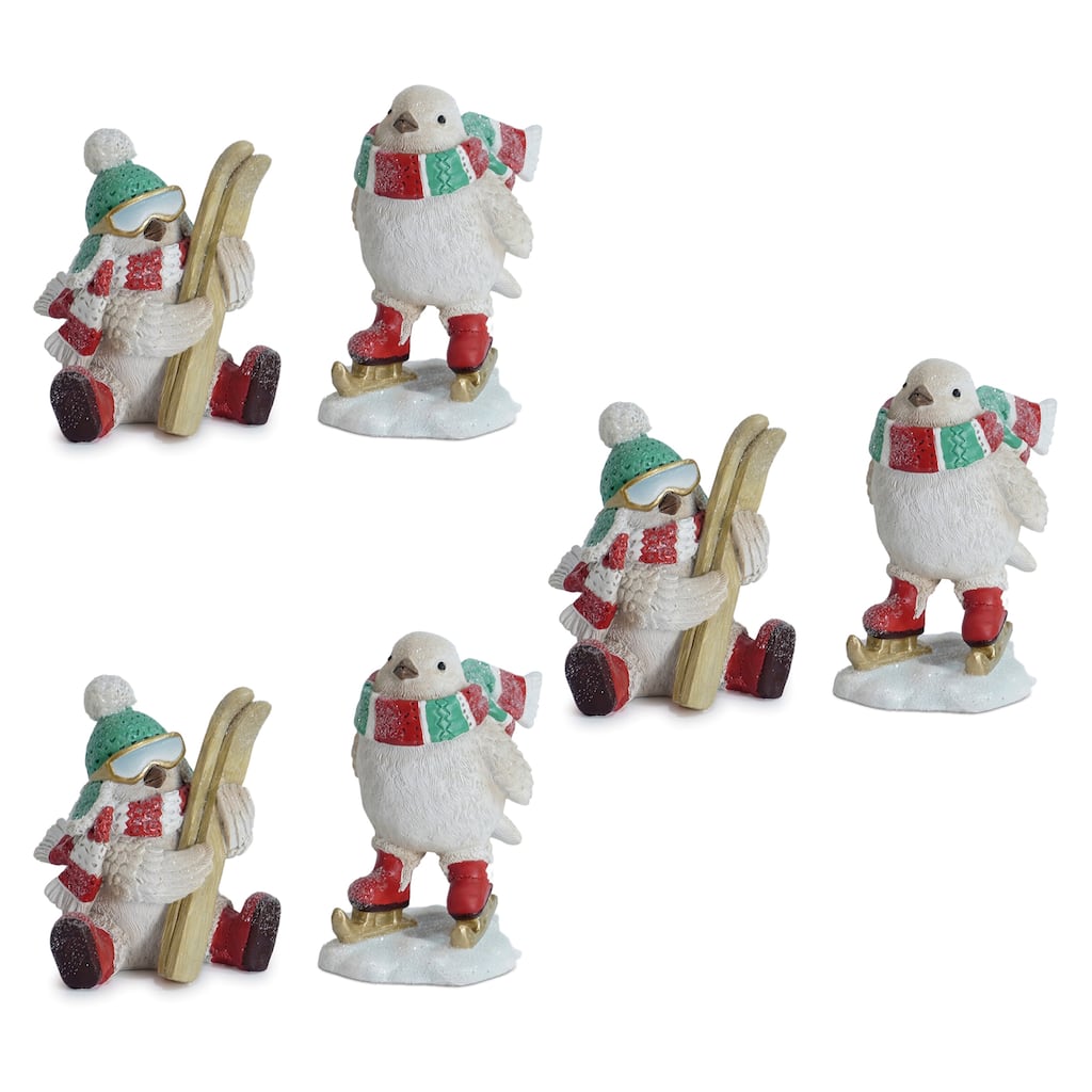 Bird w/Skis & Skates (Set of 6) 5.25"H Resin - White, Blue, Red