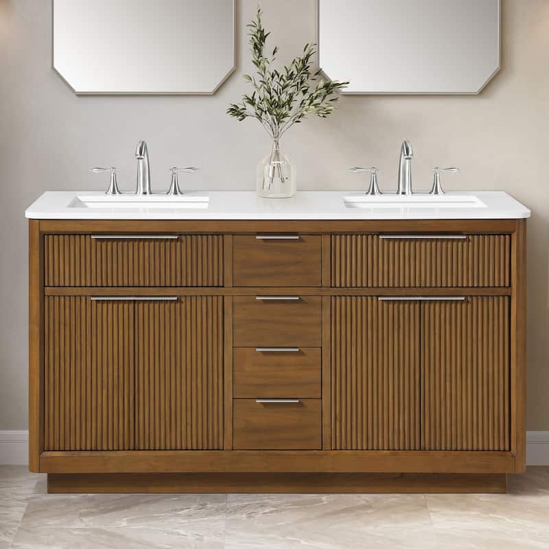OVE Xander Bathroom Vanity with White Engineered Stone Top - 60" - Warm Walnut with Brushed Nickel Hardware