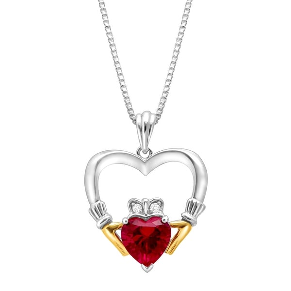 1 5/8 ct Created Ruby Heart Claddagh Pendant with Diamonds in Sterling Silver & 14K Gold - Red