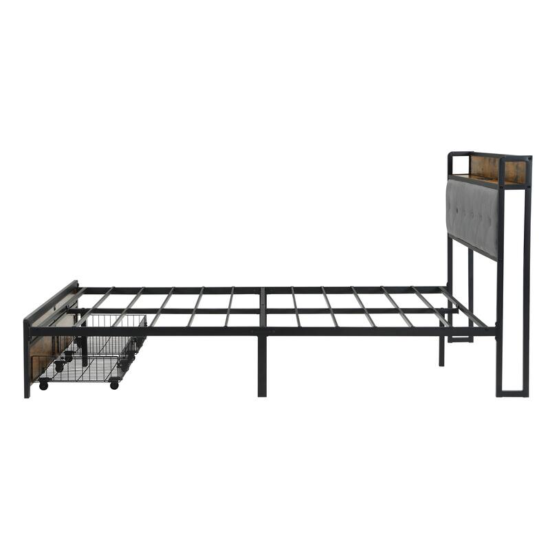 King Size Bed Frame with Storage, Metal Platform Bed Frame w/LED Lights Upholstered Headboard & Drawers and USB Charging Station