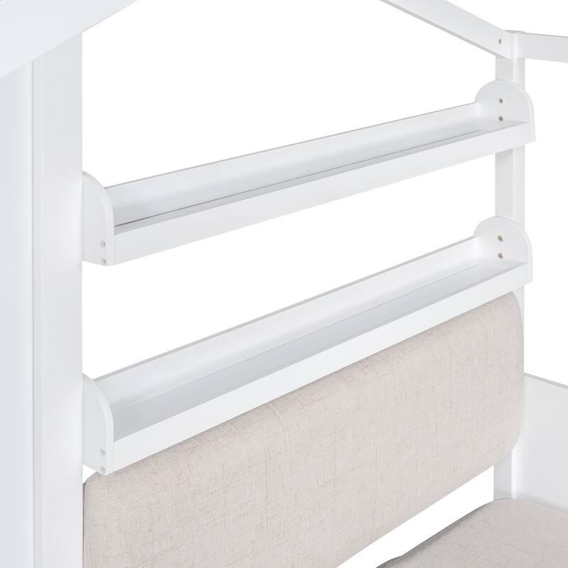 Twin Size House Bed with Sofa, Kids Platform Bed with Two Drawers and Storage Shelf