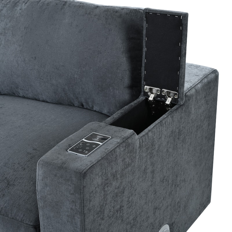 Modular Sofa with Charging Ports & Bluetooth Speaker, 4 Seat Straight Row Sectional Sofa Convertible L-Shaped Sleeper Couch