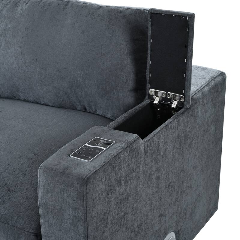 Modular Upholstered Sectional Sofa with Storage Space, USB Charge Ports, Wireless Charging and Built-in Bluetooth Speaker in Arm