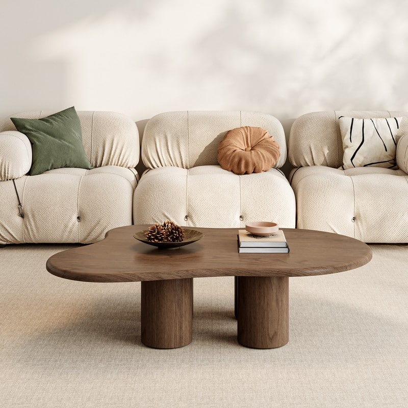 47.24" Mid Century Coffee Table, Solid Wood Texture with Could Shaped, Brown