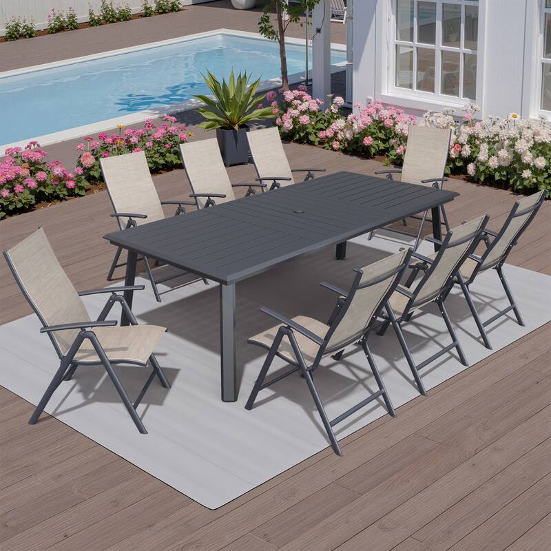 Outdoor Aluminum Dining Table with Umbrella Hole with Durable Adjustable Reclining Folding Chair