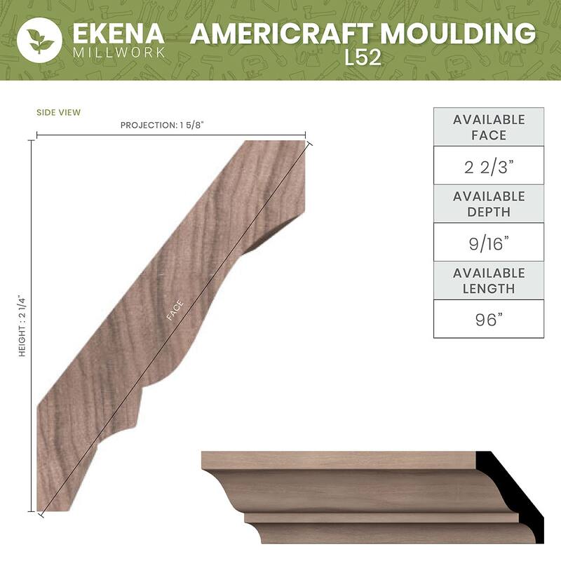 WM52: 2-1/4-in H x 1-2/3-in P x 2-3/4-in F x 96-in L Americraft Solid Hardwood Stain Grade Crown Moulding