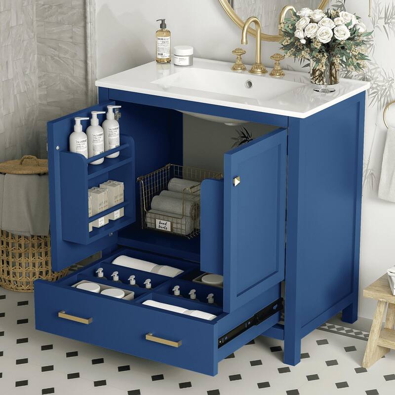 30 Inch Freestanding Bathroom Vanity with Rectangular Ceramic Sink, Two Doors, and Storage Drawer - Elegant Finish - Blue