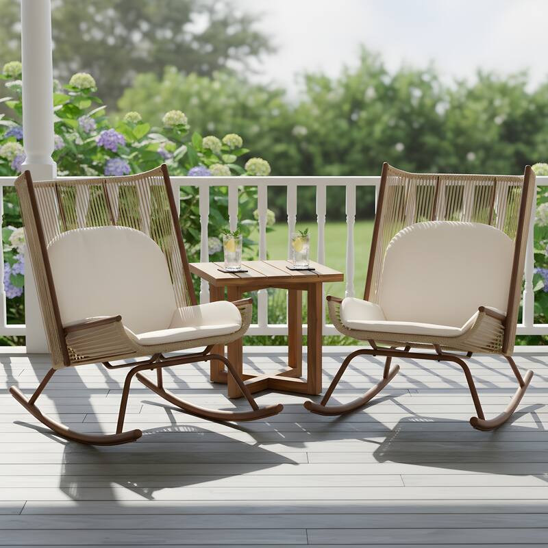 Christopher Knight Home - Modern Outdoor Metal Frame Woven High Arc Backrest Rocking Chair and Solid Acacia Wood Side Table Set