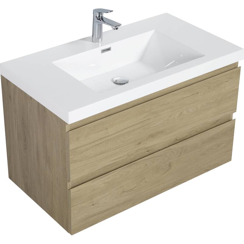 36" Wall-Mounted Floating Bathroom Vanity with Glossy White Resin Sink, Soft Close Drawers, Natural Oak Cabinet