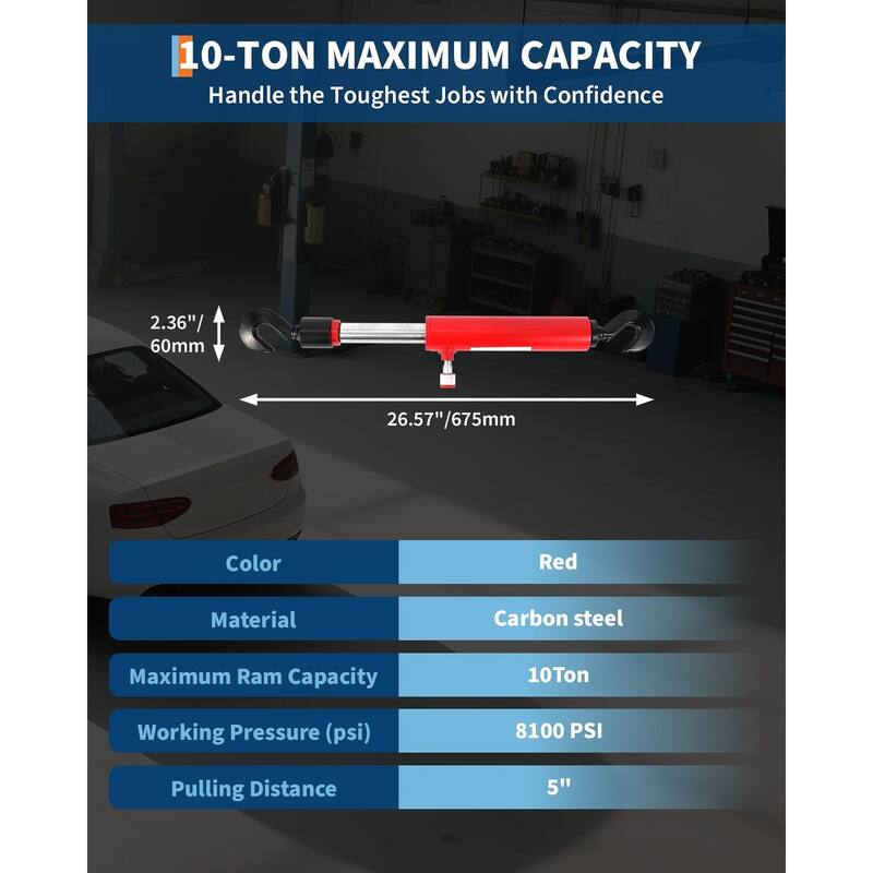 26" 10-Ton Hydraulic Pull Back Ram for Auto Body Repair – Heavy Duty Frame Straightener Cylinder with Swivel Hooks