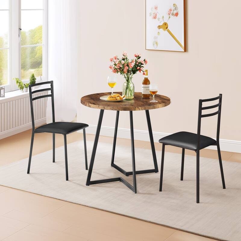 VECELO Round Dining Table, Metal Frame Dining Chairs, Modern Dining Table and Chairs Set for 2-4 People, 3 Options - Dining Table Set - Brown