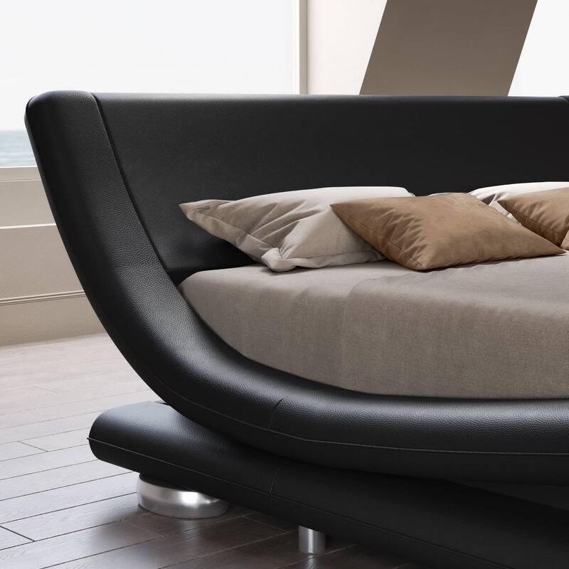 Upholstered White Platform Bed Frame with Curved Headboard and PU Leather