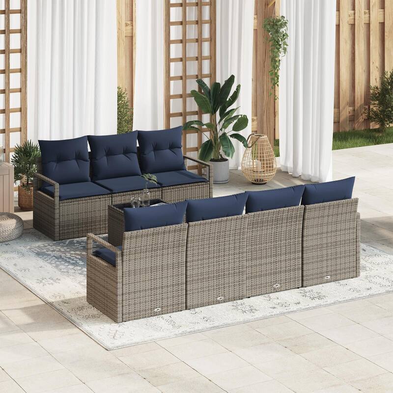 vidaXL 8 Garden Sofa Set with Cushions Black/Brown/Grey Poly Rattan - 90.6 x 24.4 x 27.2 - Grey