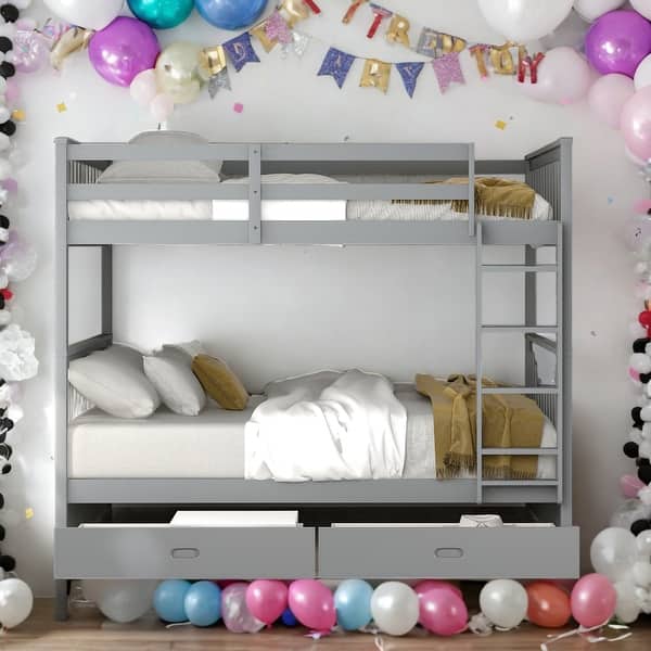 slide 2 of 9, Modren Full over Full Wood Bunk Bed With Ladders and Two Storage Drawers,Solid Construction For Bedroom Grey