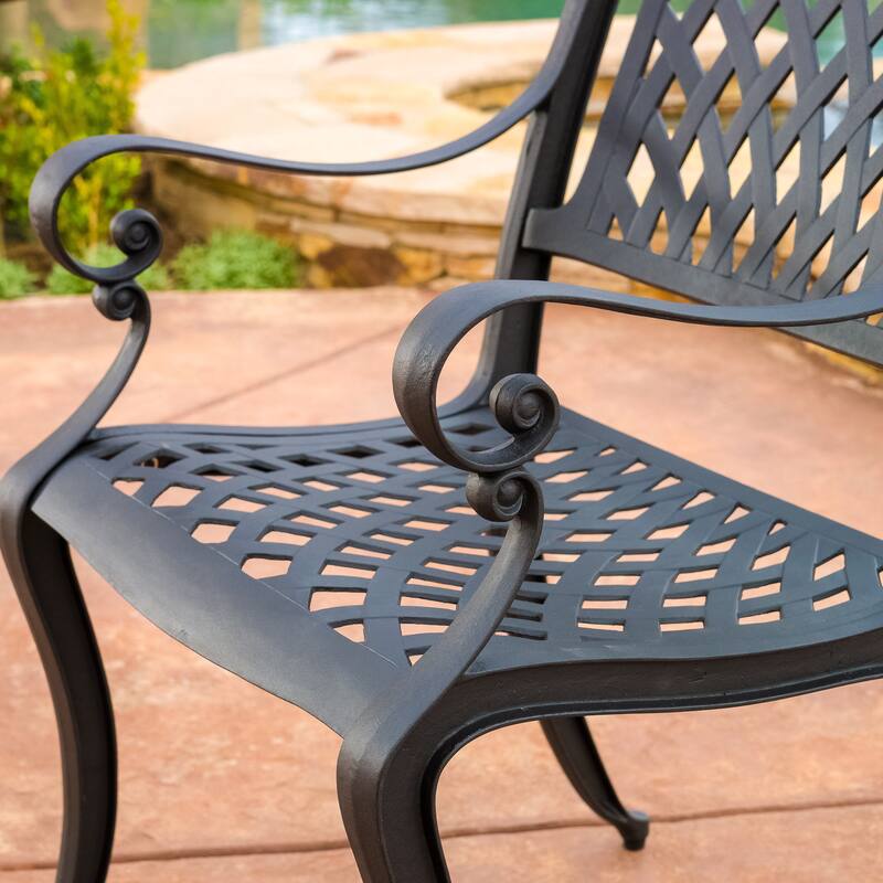 Roomfitters Cast Aluminum Outdoor Chairs with Lattice Backrest & Armrests, Set of 2, Weather-Resistant, Black