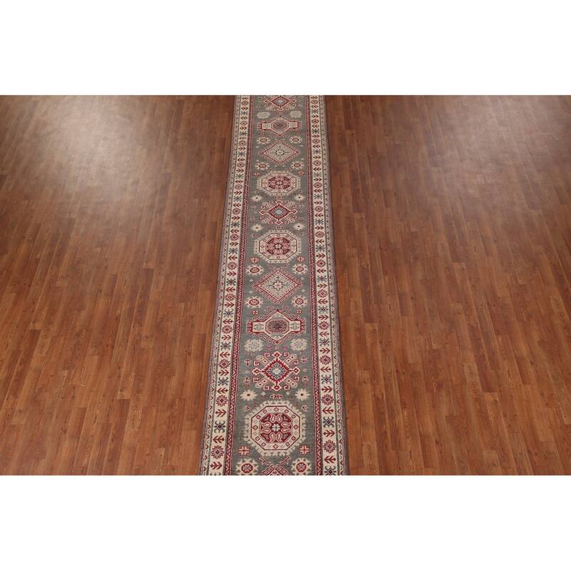Gray Kazak Runner Rug Hand-Knotted Wool Carpet - 2'8" x 16'3"