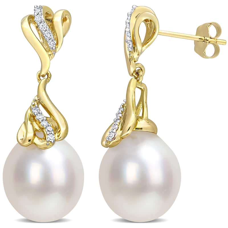 Miadora White South Sea Cultured Pearl and 1/8ct TDW Diamond Dangle Earrings in 14k Yellow Gold