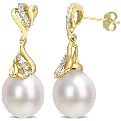 Miadora White South Sea Cultured Pearl and 1/8ct TDW Diamond Dangle Earrings in 14k Yellow Gold