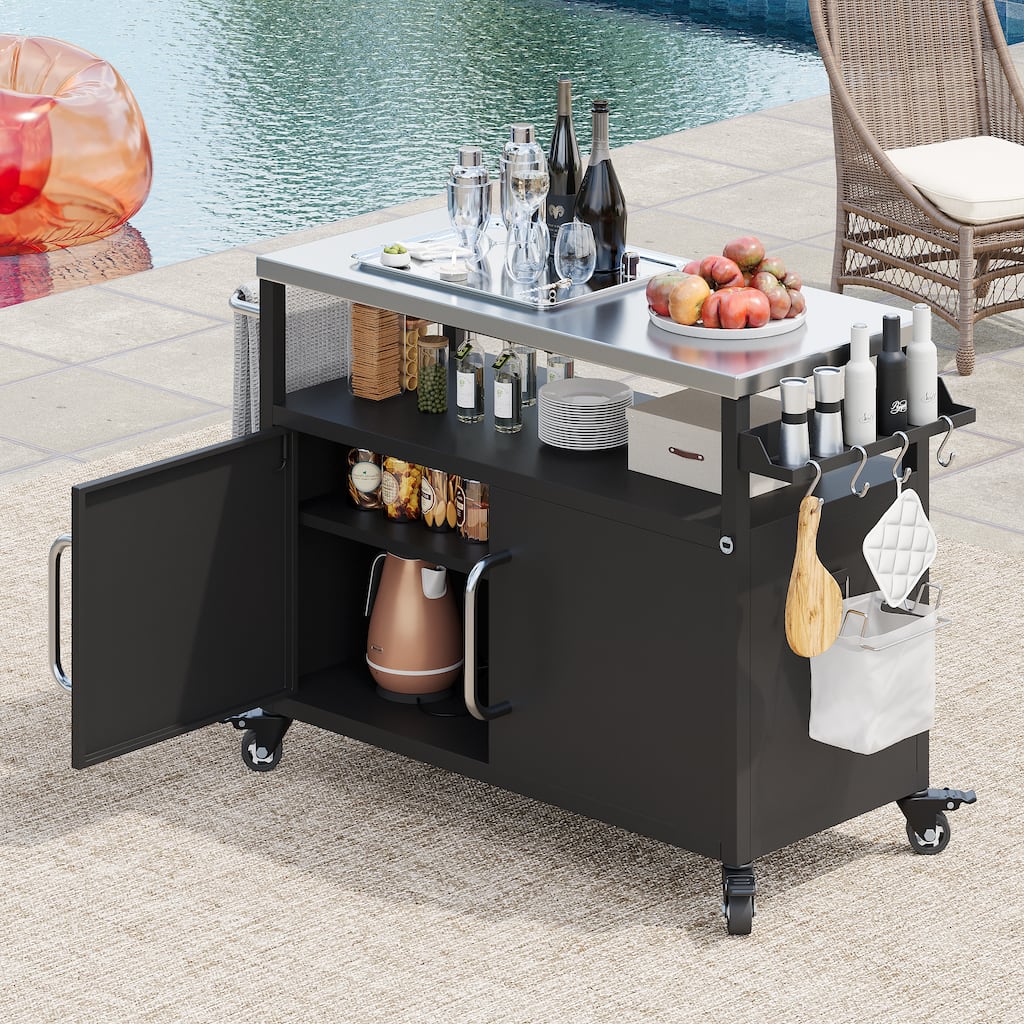 54.5" Outdoor Metal Kitchen Island with Stainless Steel Tabletop, Storage Cabinet, Spice Rack, Towel Rack & 4 Lockable Wheels