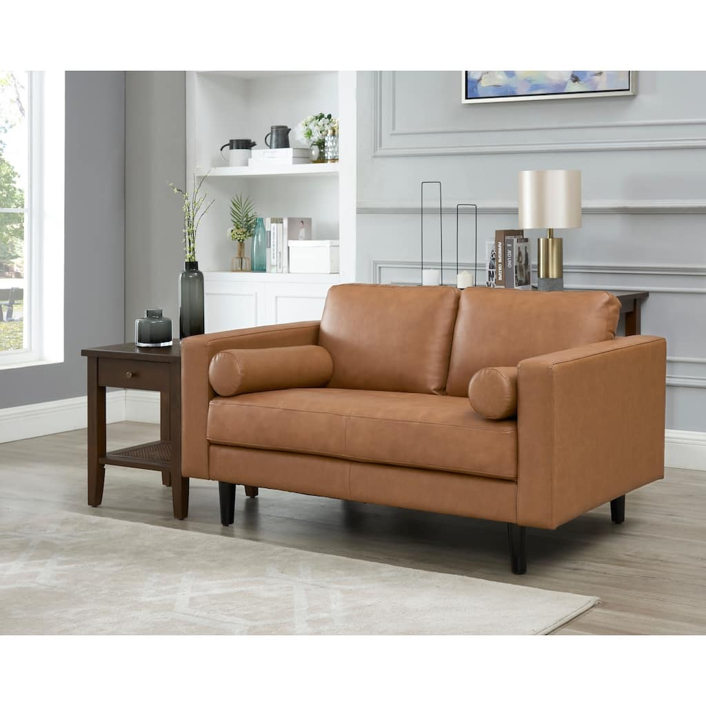Luxury Cowhide Leather Loveseat with Firm Cushions, Spacious 2-Seat Design, and Bolster Pillows